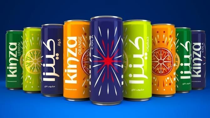 Assorted Kinza beverage cans with colorful designs on a blue background.